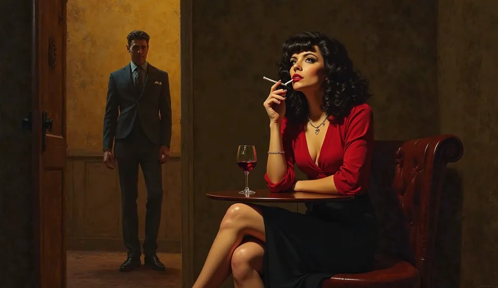 "A vintage noir-style painting of a glamorous woman with wavy dark hair sitting at a small table, smoking a cigarette. She wears a red blouse and a black skirt, with her legs crossed elegantly. A glass of red wine sits on the table. The dimly lit room cast...