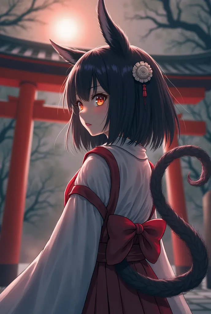 girl, Japanese, ghost, monster, god, shrine, torii gate, blurred background, animal ears, animal tail, high resolution, highest quality, high quality model, textured skin, ultra high definition, various expressions, various poses, yokai, terrifying ghost, ...