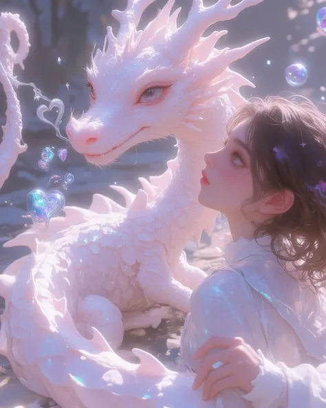 A large, pink dragon with pearl-like shimmering scales. It has silver-white curved horns adorned with intricate vine patterns. Its tail ends in a heart shape, leaving a faint trail of starlight as it swings. The dragon breathes out small, colorful bubbles ...