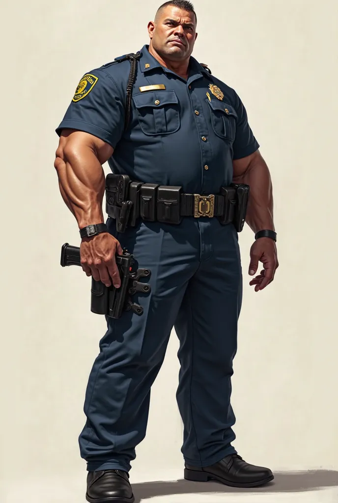 Design a profile picture of a police man carrying a gun and his body is huge