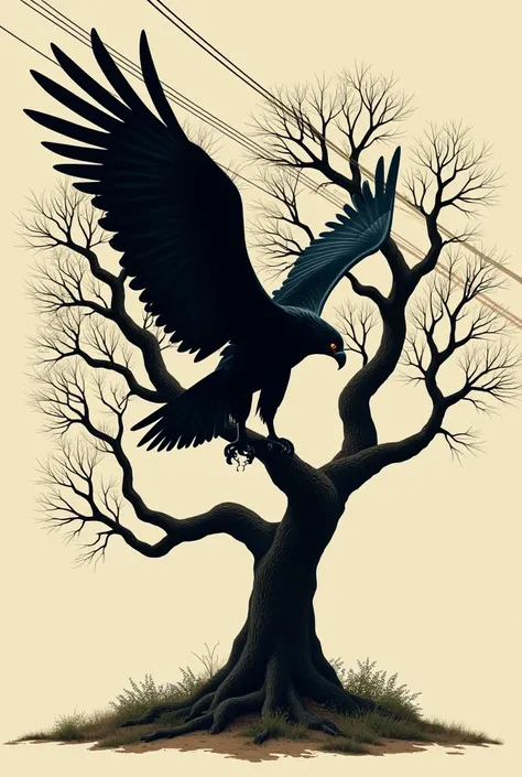 Illustration of the silhouette of an Iberian imperial eagle formed by cork oak branches, including a power line 