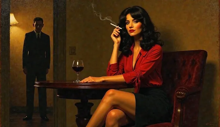 "A vintage noir-style painting of a glamorous woman with wavy dark hair sitting at a small table, smoking a cigarette. She wears a red blouse and a black skirt, with her legs crossed elegantly. A glass of red wine sits on the table. The dimly lit room cast...