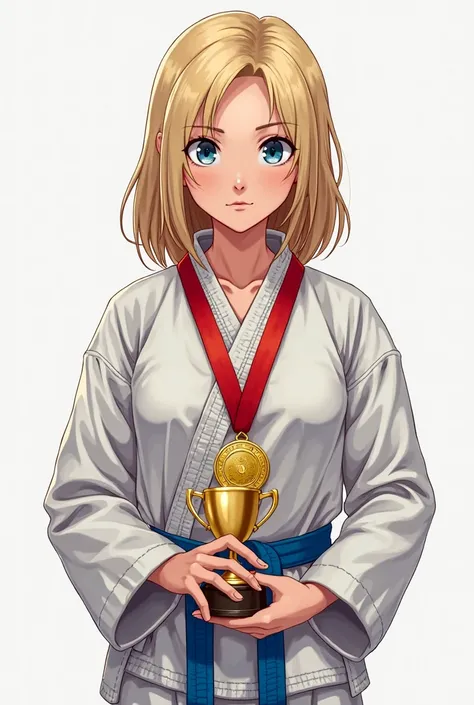  Russian blond hair of medium length is dressed around the neck, a care , is dressed around her neck, a blue-eyed karateka girl of fifteen years old, 2 medals: are worn around the neck 1 gold medal and 1 bronze medal, blue karate belt, in her hand, an unbr...