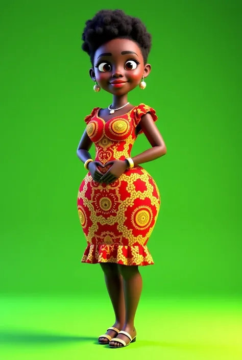 create a beautiful African lady with a beutiful ankara design dress , has a curvy body , nice bosoms and curvy hips , has a beautiful traditional agikuyu dress on like she is attending a dowry , has short shaved hair , 3d animation character standing in a ...