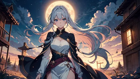 A fascinating and beautiful anime-style woman、Sexy and beautiful anime-style women。long hair that shines like silver thread、gracefully swaying in the cold night wind。fusing fantasy and refinement、A beautiful yet bewitching cowboy style costume enhances her...