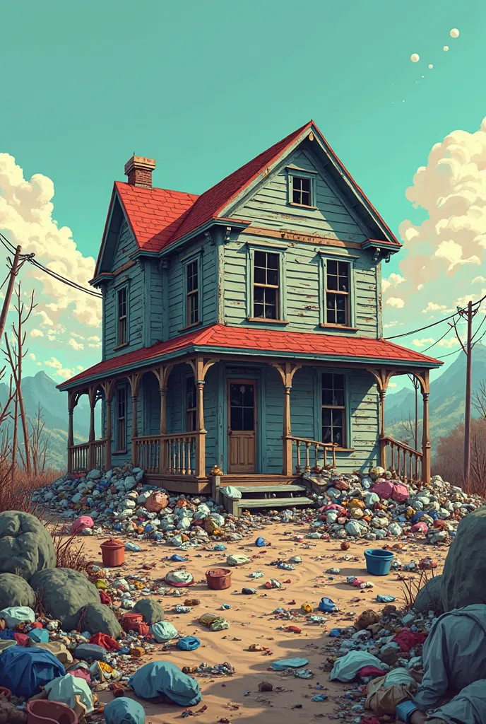 cartoon extremely broken house, trash extremely everywhere