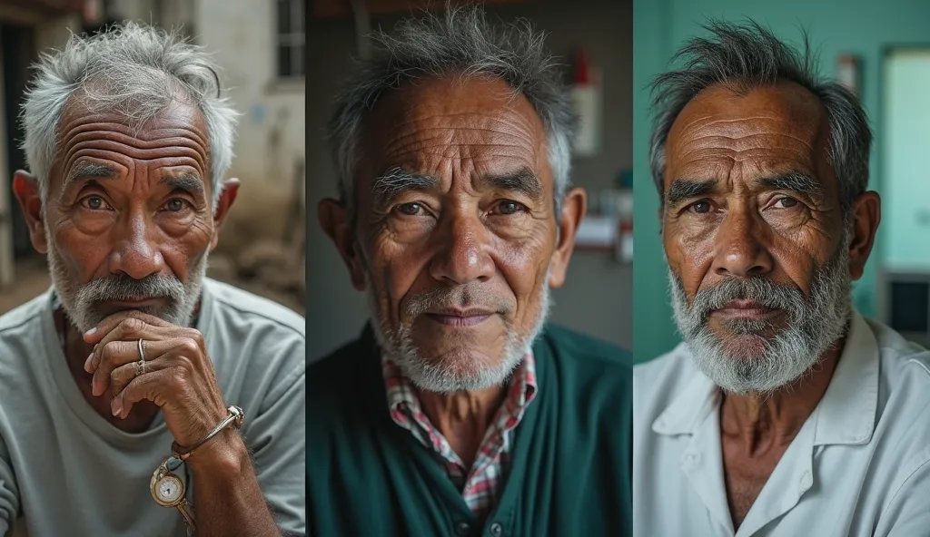 A Burmese man, who got syphilis, shown as three split photos, first symptoms, second diagnosis, third treatment 