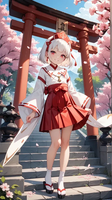 very beautiful detail, high quality, masterpiece, very aesthetic, 4k, resolution, highest quality, Pretty loli girl of a priestess, Japan traditional priestess costume, red hakama, mini skirt, white tabi socks, black sandals, cherry blossom trees in full b...