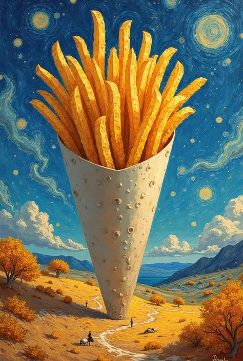 I need a picture in vangogh painting style, with a giant belgian fries in paper cone