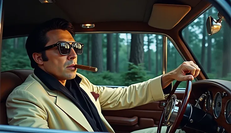 Elvis lookalike man wearing a cream suit and a silk black scarf, brown Gucci glasses smoking a cigar driving a rolls royce silver shadow from the 70's trough a forest road comic-book style. He is speeding trough the night forest road, he checks himself in ...