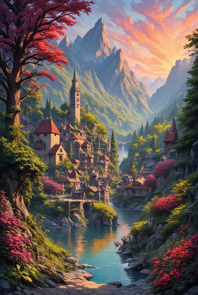  Little village by the river, color of the mountain in the background, floral flowers colorful, detailed landscape, beautiful natural landscapes, atmospheric lighting, scorching sunset, warm colors, Practical, фотоPractical, detailed foliage, complex build...