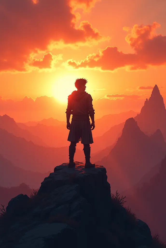 Silhouette of a young man in his 20s dressed as an apprentice warrior standing on a mountain watching a beautiful sunset and clouds in the distance