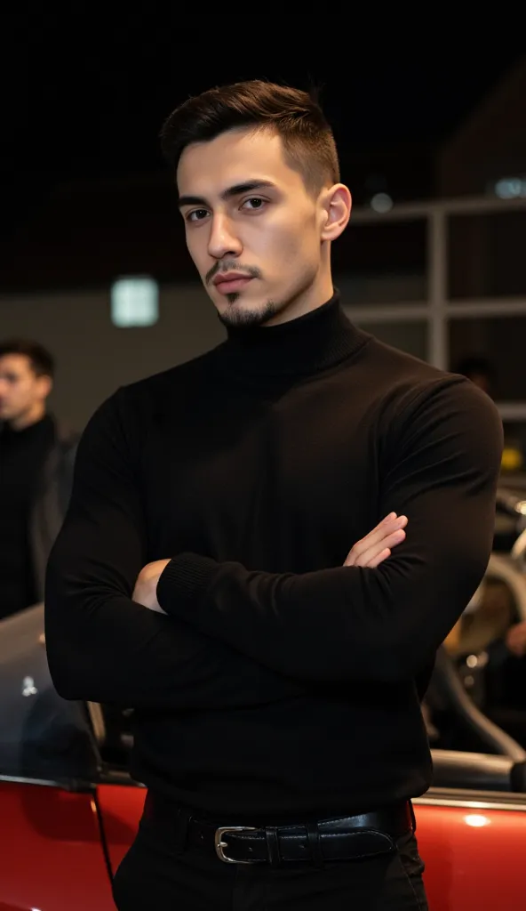 a handsome young turkish guy with muscle, dark very short hair fade middle parting and goatee beard  he wearing a black turtleneck sweater and a black pants. he is in front of a cabrio car with black seats Amateur photo random picture and location is germa...