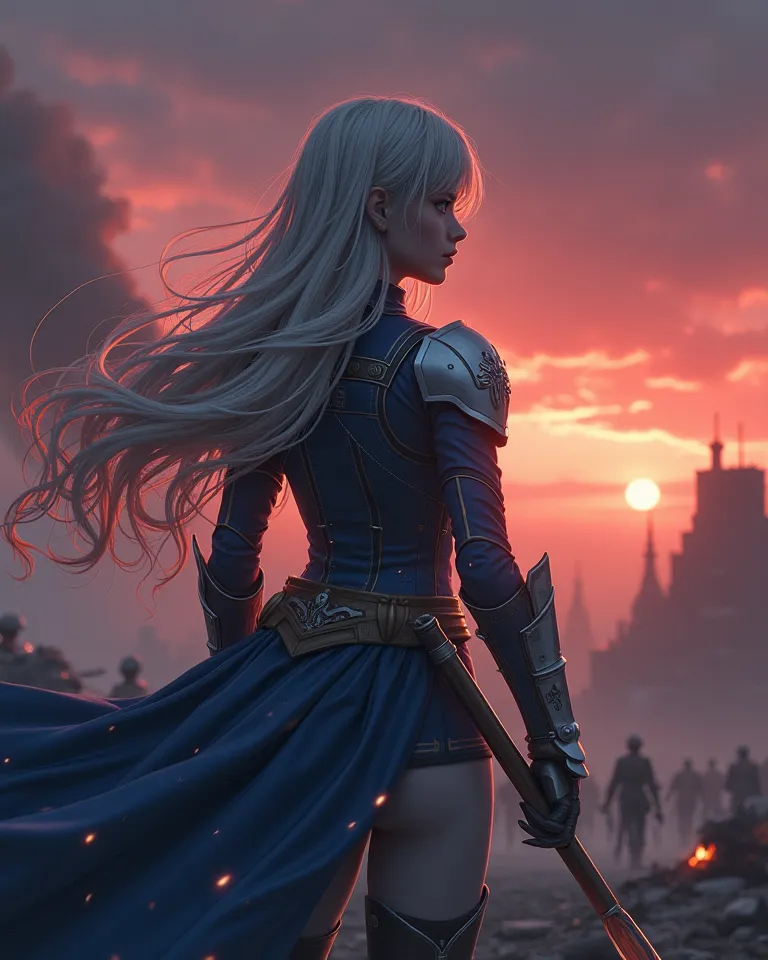 Detailed description of the image :

On the battlefield at dusk、A lone Valkyria is standing。she has long silvery smoke fluttering、looks at distant enemy forces with cold blue eyes。behind Nearly Stoned Fortress and、the red sky spreads。battle scars remain be...