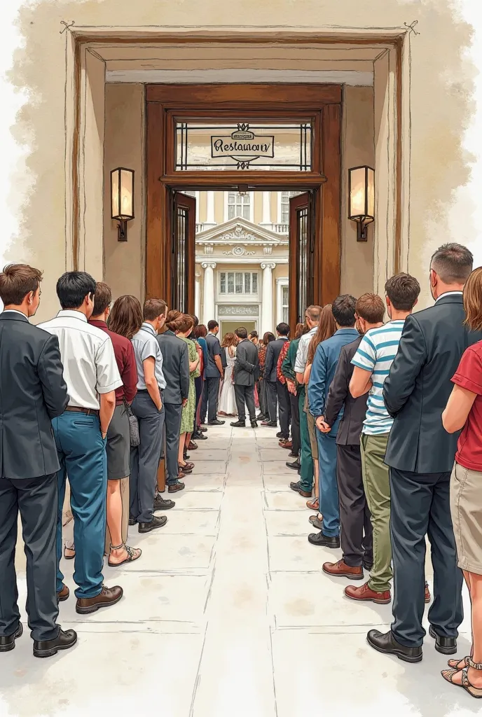 Draw a picture of people waiting in a single, linear line in front of the door of a luxury restaurant, and people will have different clothes on them and they all look in the same direction, but also have a double queue