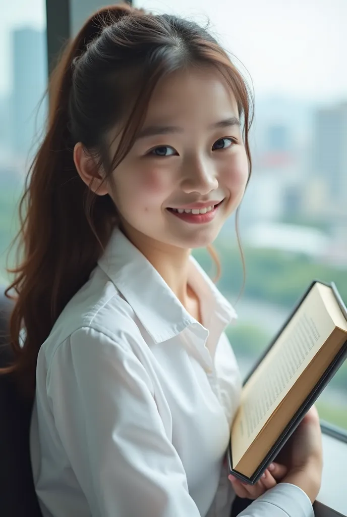  a picture of an 18-year-old long-haired girl,  straight brown hair.  business picture .   the girl is wearing a white shirt , ponytail、There is a book in her hand. the girl has a round face、keyboard leaning against、cityscape