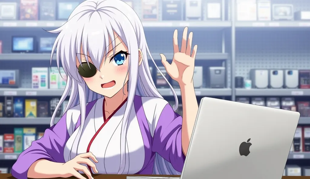 1girl, solo, white hair, purple white kimono, blue eyes, eye patch, right eye, angry face, electronics store, laptop, light skin, hyper large breasts, hyper large ass, long hair, fully naked breasts, anime style, Ero-Kimono