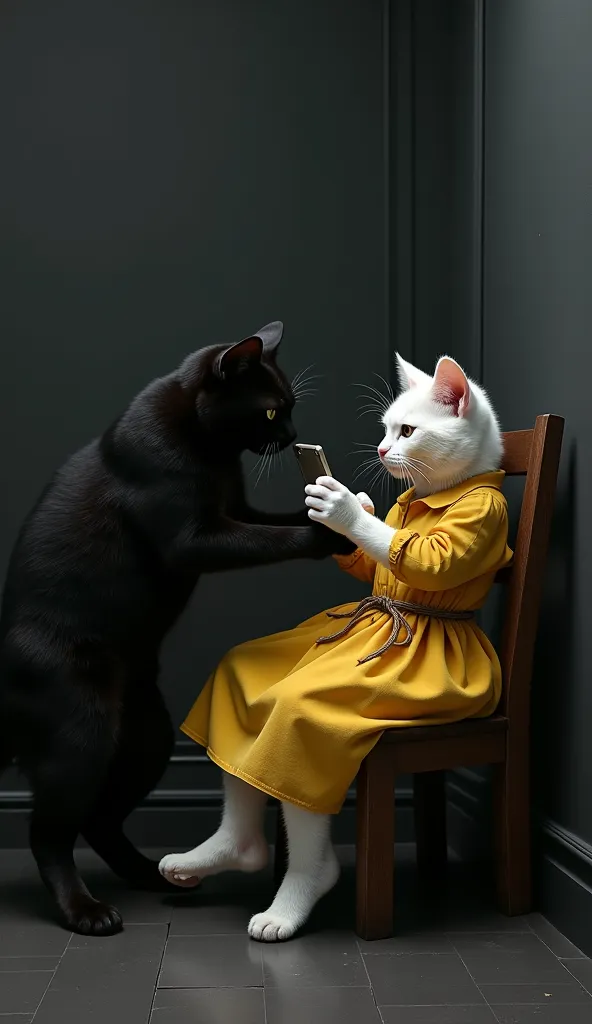 Inside a black room, a black cat forcefully taking a phone to a white cat wearing a yellow dress tied with a rope in chair.