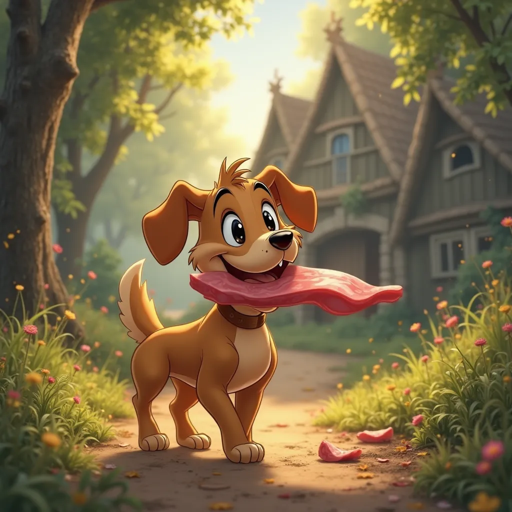 Once upon a time, there was a lucky dog that got a big piece of meat, a forest or a village during the day. Disney-themed pictures.
- The dog walks into the scene with a happy face 
- There is a large piece of meat in the mouth.