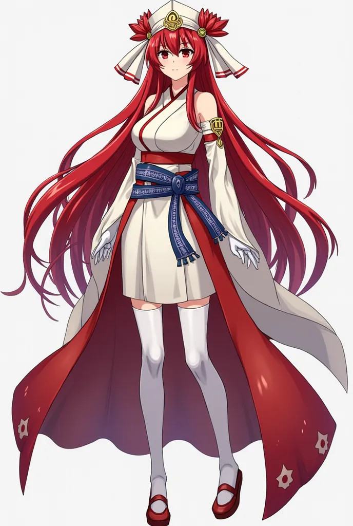 Sakura from the video game Fire Emblem Fates in adult version with extremely long red hair down to her ankles, wears a white headdress with two red side stripes and two lotus-shaped ornaments, a huge E-cup breast, dark red eyes, she is dressed in a traditi...