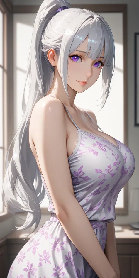 Masterpiece, newest, high contrast, high quality, ultra HD,very aesthetic, vibrant, mature female, hinata hyuga, high ponytail long hair, silver  hair color, purple eye color, camisole, perfect breast, upper body, ultra detailed, highres, best quality, hom...