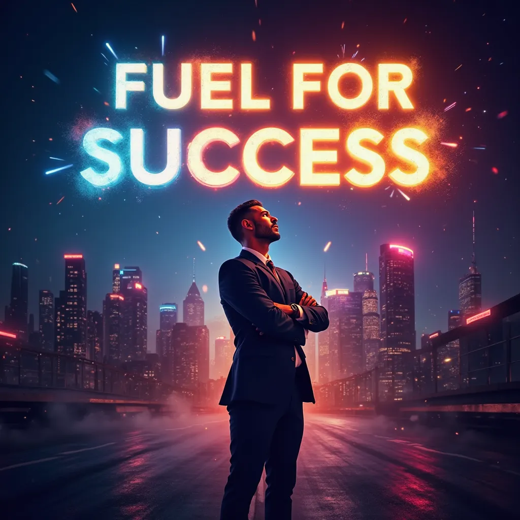 "A high-energy motivational banner featuring a confident, professional man in a sleek business suit standing tall with his arms crossed, looking forward with determination. The background is a futuristic, glowing city skyline with neon lights, symbolizing ...