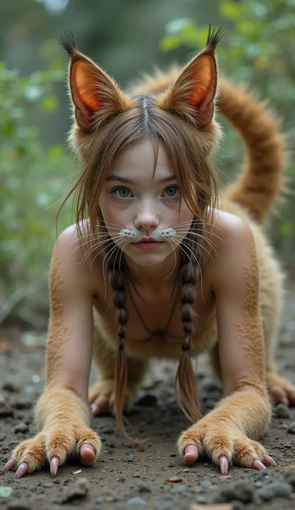 Neko girl with fur instead of leather, full length, on all fours,  tail, ears, Cat cosplay, real mutant girl, girl&#39;s head