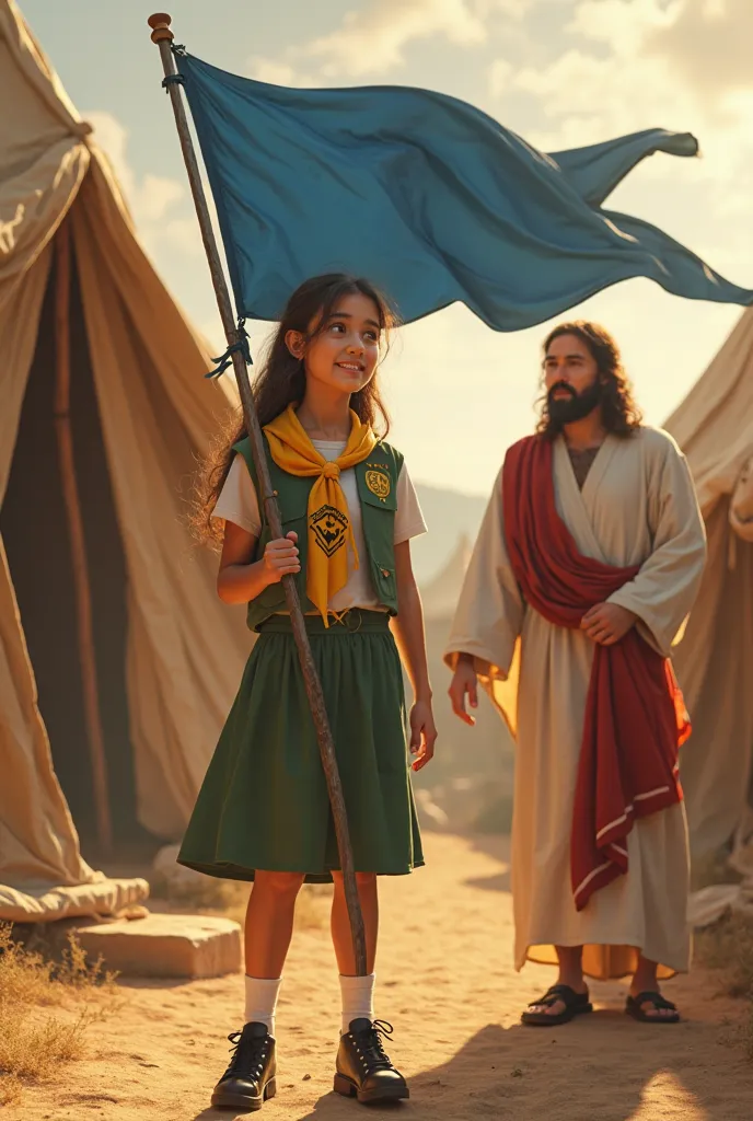 A beautiful  , girl scout,  a dedicated pathfinder in the Church Seventh-day Adventist, is confident in an ancient biblical camp that resembles the earthly sanctuary described in the Bible by the people of Israel. Ela está vestindo uma camisa cáqui de girl...