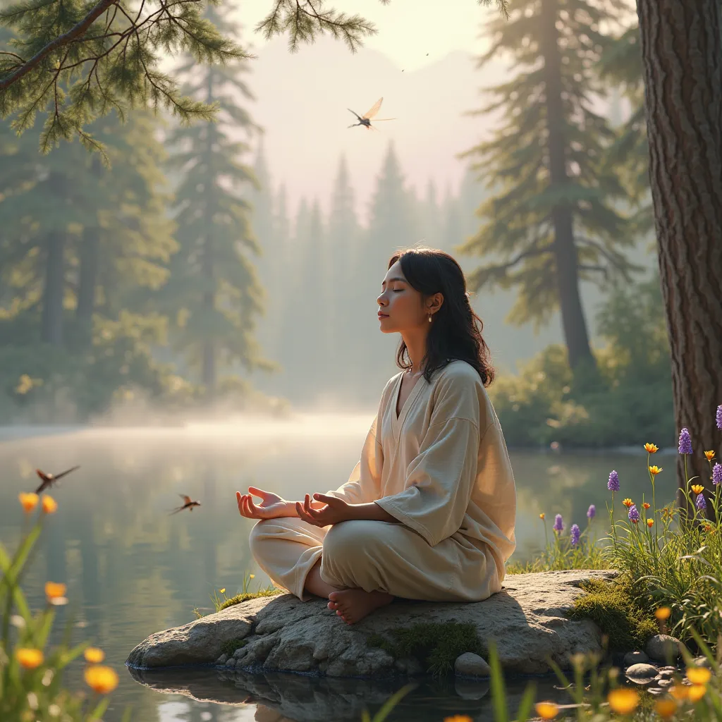 Create a hyper-realistic digital artwork of a person meditating in a serene natural setting. A young adult with calm features sits cross-legged on a flat, mossy stone near a tranquil lake, their eyes closed in deep focus. They wear a loose, beige linen tun...