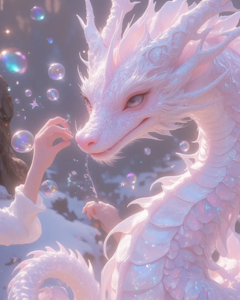 A large, pink dragon with pearl-like shimmering scales. It has silver-white curved horns adorned with intricate vine patterns. Its tail ends in a heart shape, leaving a faint trail of starlight as it swings. The dragon breathes out small, colorful bubbles ...