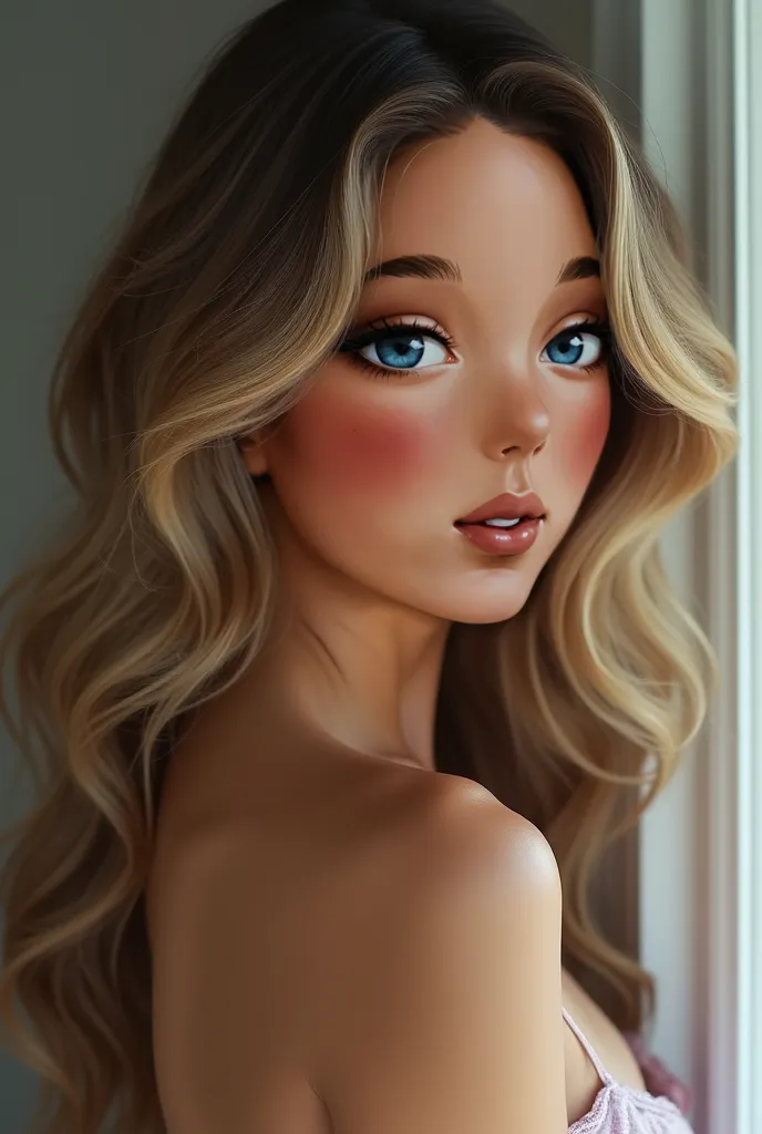 Can you make a picture of an art style like this but with a girl with dark blonde wavy hair, blue eyes and looking like adriana lima