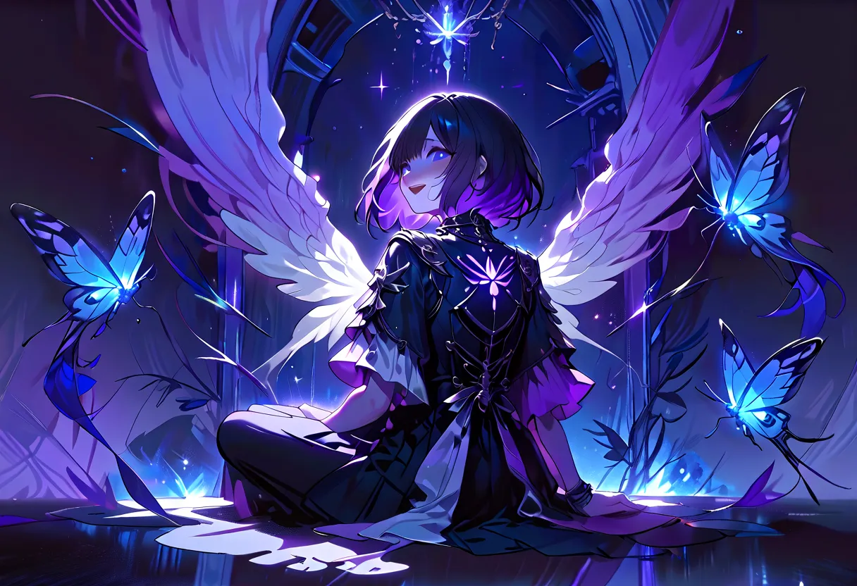 one girl、short hair、 dark hair、Purple,青色dip-dye hair、Purpleの瞳、smile、 soft atmosphere、blue crystal、Blue light、Feather、Sparkle、full body,butterfly、has an open mouth、sit、seen from behind