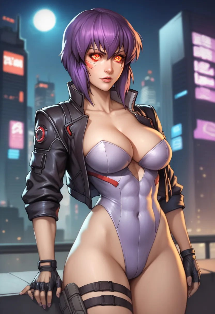 jambes grasses, gros seins, sourire, (extremely fine and beautiful:1.1), (perfect details:1.1), (finely detailed eyes and detailed face:1.3), Motoko Kusanagi, Ghost in the shell, short hair, purple hair, red eyes, black fingerless gloves, purple leotard, b...