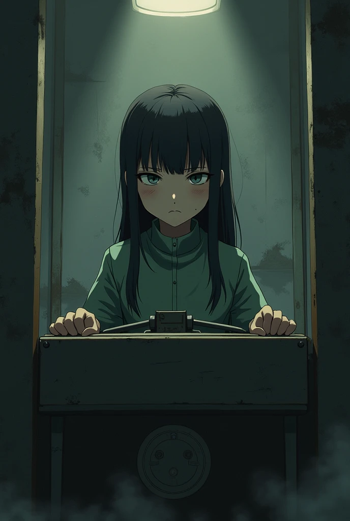 The sad anime tyanka is behind the machine and is sad, Soviet atmosphere,  Anime style