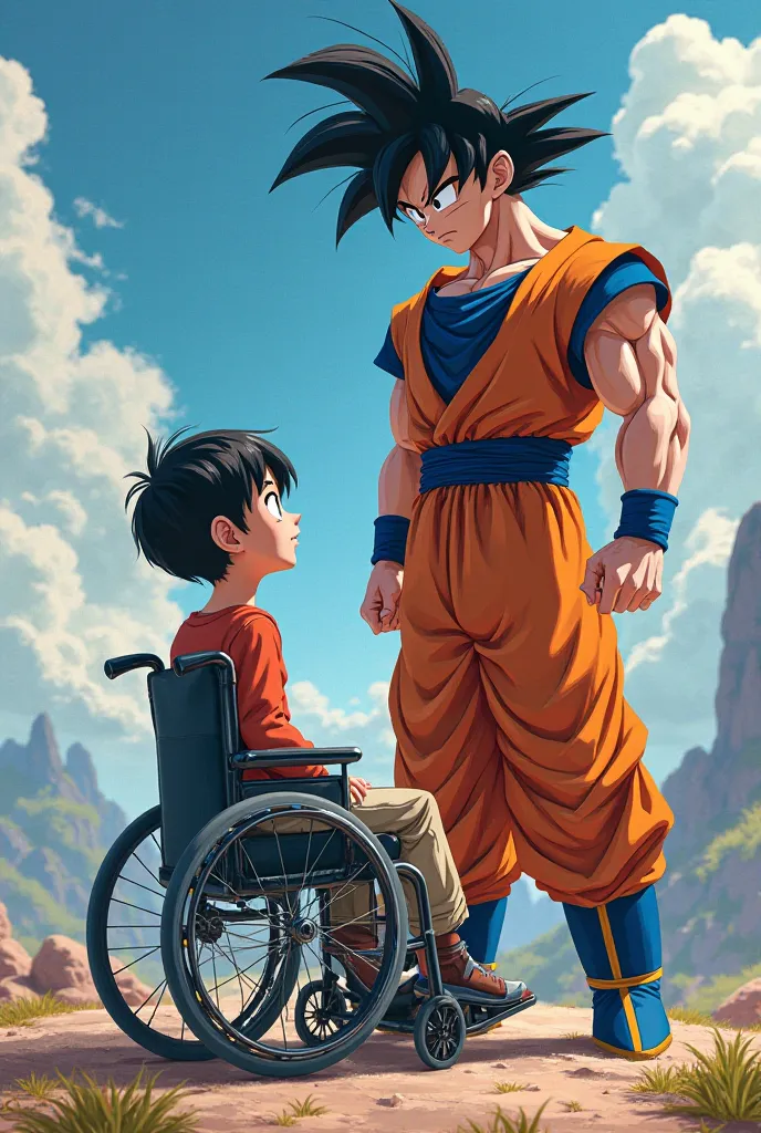 He was born in a wheelchair with the character Son Goku in front of him