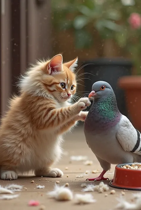 "A playful yet intense scene of a fluffy, mischievous cat and a cute, chubby pigeon engaged in a humorous fight. The cat, with wide eyes and perked-up ears, playfully swipes at the pigeon with its soft paws. The pigeon, puffing up its feathers, stands its ...