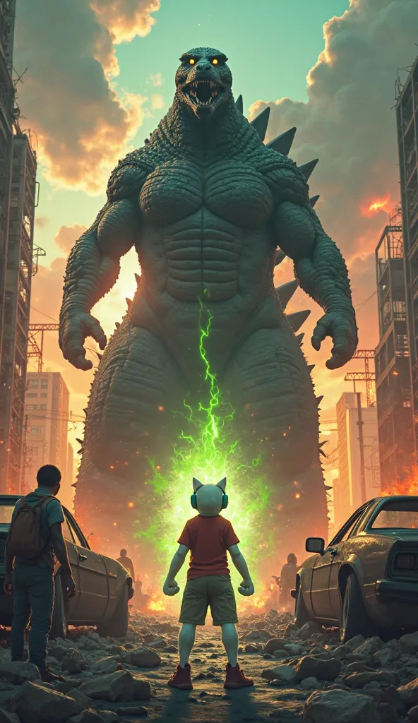 Scene 6: The Epic Showdown
Prompt:

"Late afternoon in the ravaged city center. Godzilla roars amid smoldering rubble and twisted metal. Towering flames illuminate the darkening sky. Suddenly, the now-empowered cat, significantly taller and stronger but st...