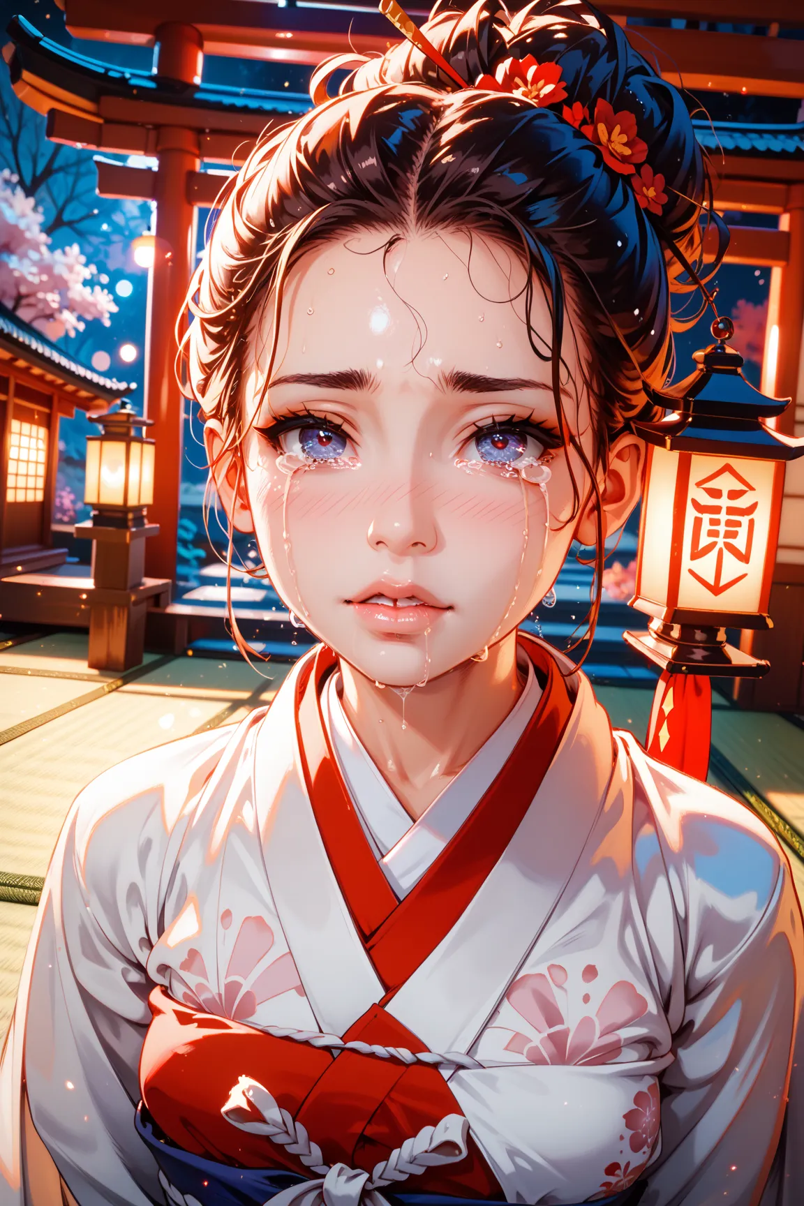 Shrine maiden having sex in the precincts,shrine,white underwear,unkown clothes,Late Night, Darkness,Lantern Light,easygoing expression,sweaty,high quality,Ultra fine,Photo,born々like,4K,HDR,studio lighting,realistic,portrait, horror,Sacred, mystical ,color...