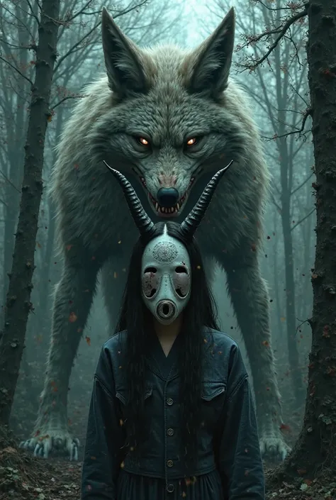 Kuchisake Onna with demonic horns, big demon nine tails fox with scary face and sharp large fangs behind, dark ambient Japan forrest, fantasy, ultra detailed, hdr