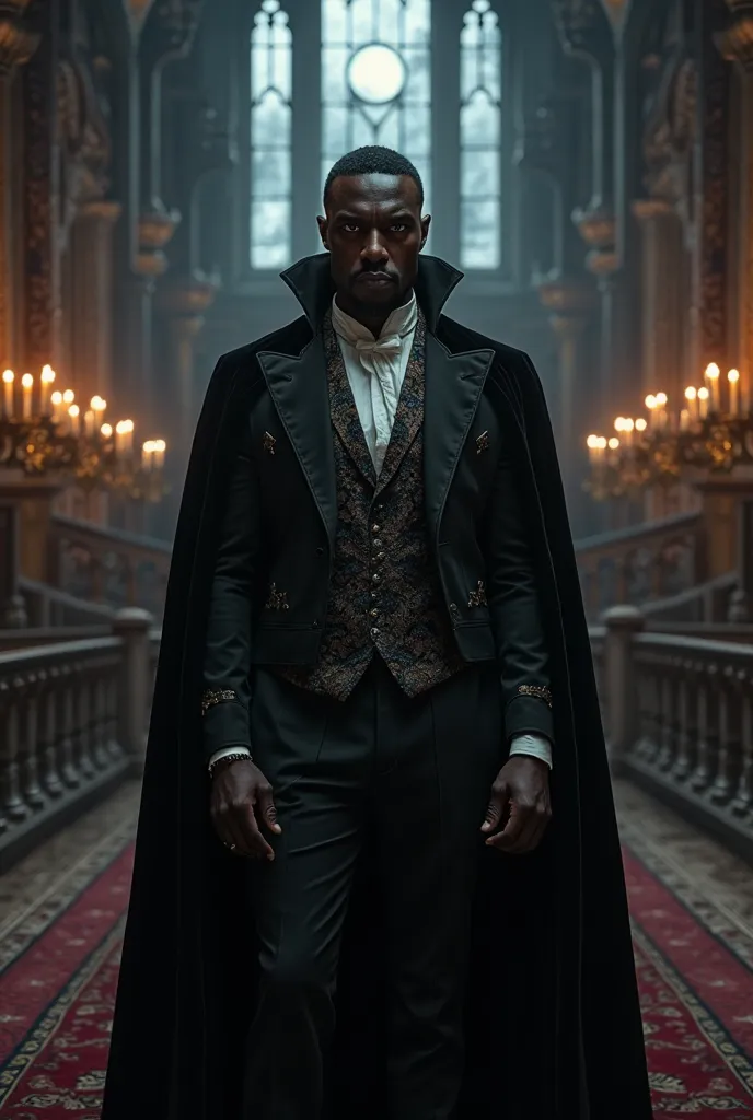 "Create an intense and captivating portrait of Idris Elba as Count Dracula. Picture him standing tall in an opulent, Gothic castle, with dim, flickering candlelight casting ominous shadows across the walls. His eyes gleam with ancient, otherworldly power, ...