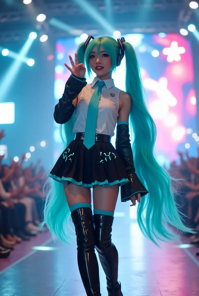 A breathtaking, hyper-realistic, ultra-high-resolution (8K UHD) full-body image of Hatsune Miku standing dynamically on a grand cosplay runway stage, striking an engaging pose as if inviting someone to stand beside her for a photo. She leans slightly to on...