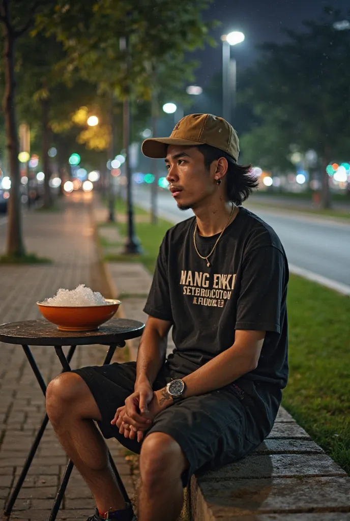 A young Indonesian man aged 35 years old softball hat semi hair long t-shirt with the inscription MANG ENGKIM hand tattooed shorts with sepattu sneaker wears earrings and sits on the course and there is a table with a bowl of ice on the table in the park s...