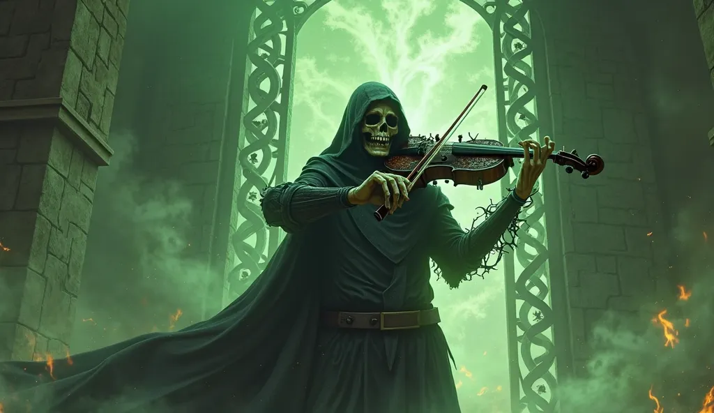 An imposing skeletal warrior with a cloak of shadows plays a violin made of skulls and thorns in the center of a burning portal. His music causes tortured souls to rise in spirals of green fire. Sharp fangs protrude from his face covered by an obsidian mas...