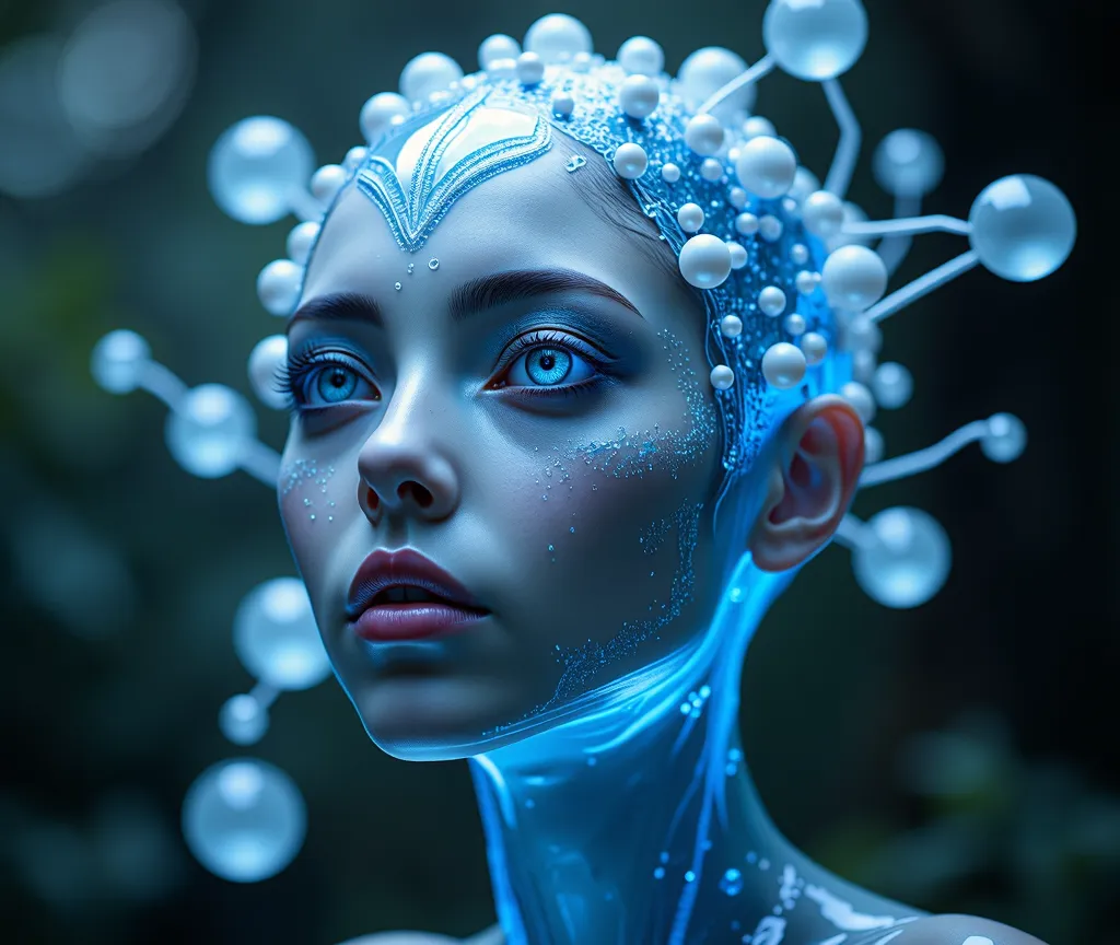 A breathtaking alien oracle with a crystalline, semi-transparent face that shimmers like liquid glass. Her features are symmetrical yet surreal, with softly glowing constellations embedded in her skin. Her large, faceted eyes shift colors like a cosmic neb...