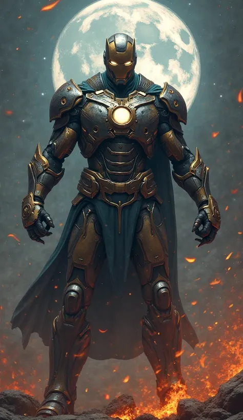 Create a high-quality 4K digital painting of a monstrous hybrid fusion of Moon Knight and Iron Man, seamlessly blending their features into a terrifying entity. The figure should have a heavily armored, mystical, and battle-worn appearance, incorporating t...