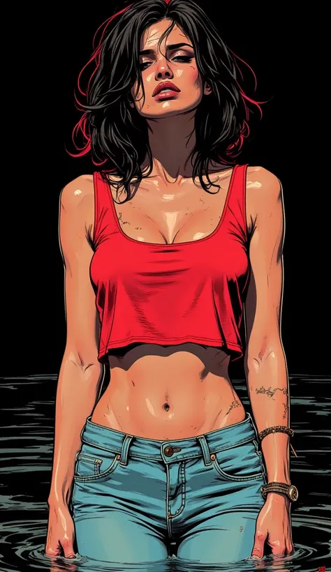  World Winner Illustration, close-up,  line art , orgasms, stuck in a swamp,  exhausted woman  , sexy Levi's jeans on the back  , bob square,   turns around,  black background, Red crop top