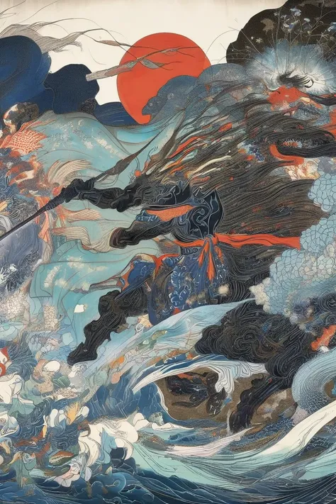 ukiyo-e,     Ultra High Resolution   ,     Swordsmen fight monsters、 Beautiful Traditional Japanese Culture  ,     Devil in Armor 、  Battle with Tengu   、 Steep Mountain、 Furious Falls    、Hanafuda、   geometric model  、   The devil is approaching、Fox、spect...