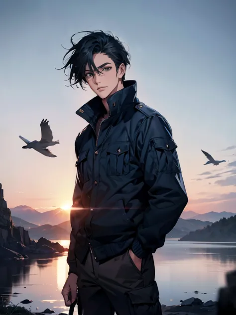 (Best picture quality, High res, Very high res), abstract, masculine, dark blue hair, 30 years old, dark blue eyes, jacket, sweater, cargo pants, dark blue gaze, calm, quiet, gentle smile, observatory, with wolf, dawn