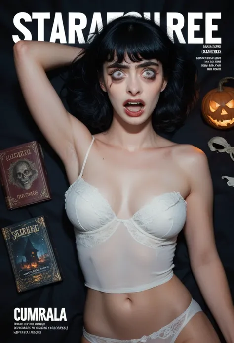  Make a horror book cover featuring an attractive woman in toplessi, covers her boobs with one arm, Scared, dark hair with bangs , in a catacumbas, at night time, serás a white panties, 