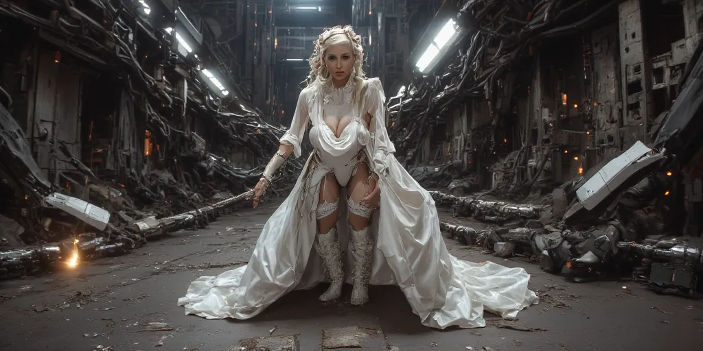 A gorgeous lady in the role of Princess Leis (sexy revealing sheer white gown, weapon, iconic hairdo), she is in action poses exploring an Imperial base, the interior has a lot of battle damage (hanging wires, spark, small fires, holes, broken droids). hig...